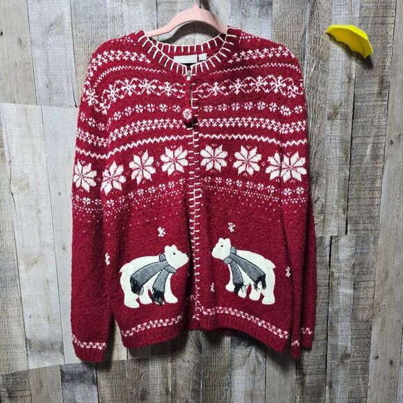 Croft & Barrow Wool Silk Blend Polar Bear Knit Zip Cardigan Jacket - Picture 1 of 6